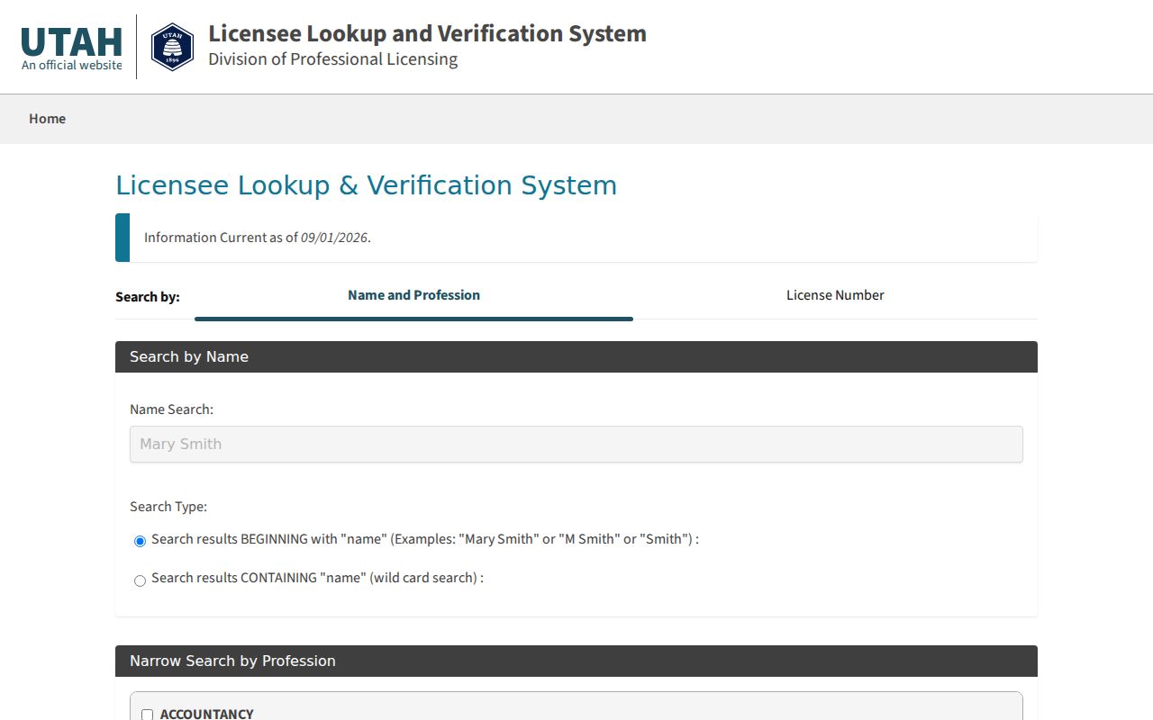 Utah DOPL license lookup for professional records