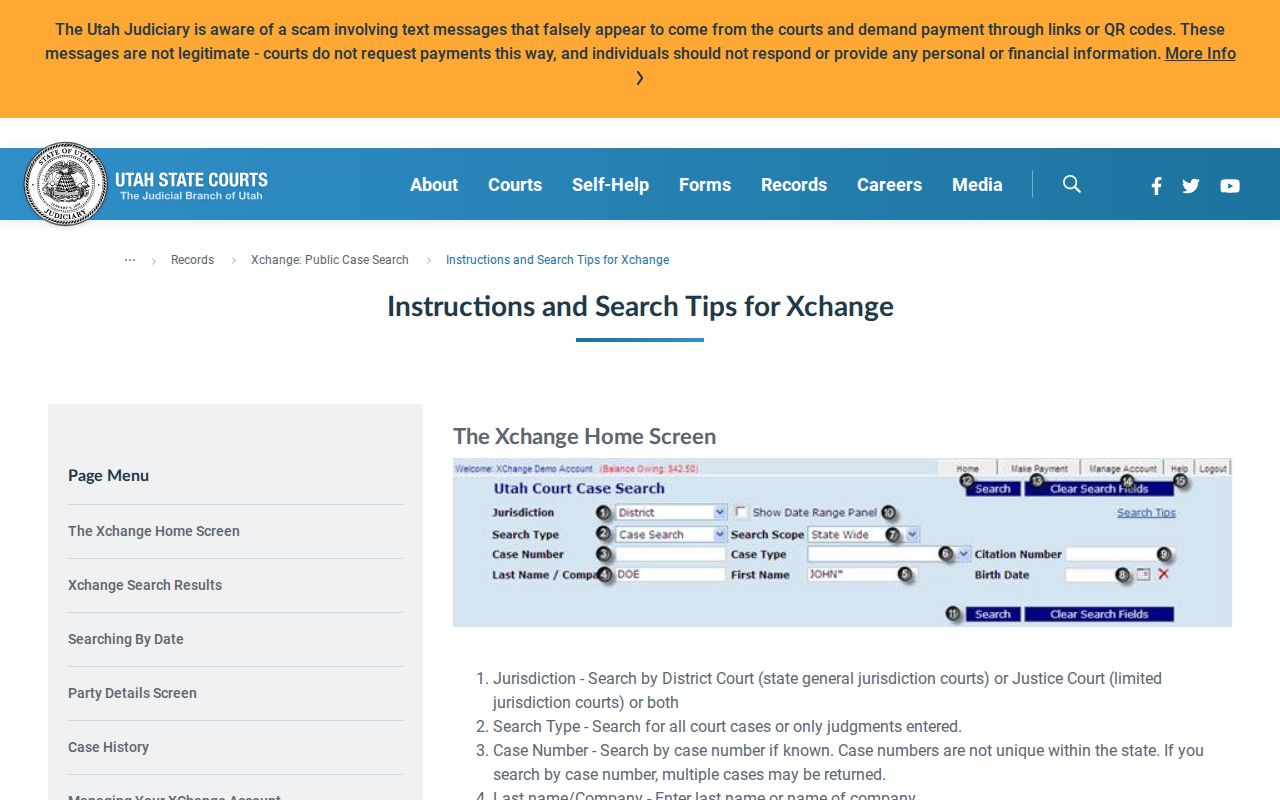 Utah Courts Xchange search fields and case result guidance