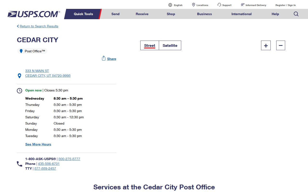 Cedar City Post Office information for ZIP verification