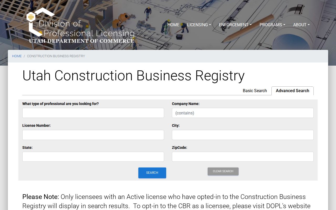 Utah DOPL construction registry ZIP and business search fields